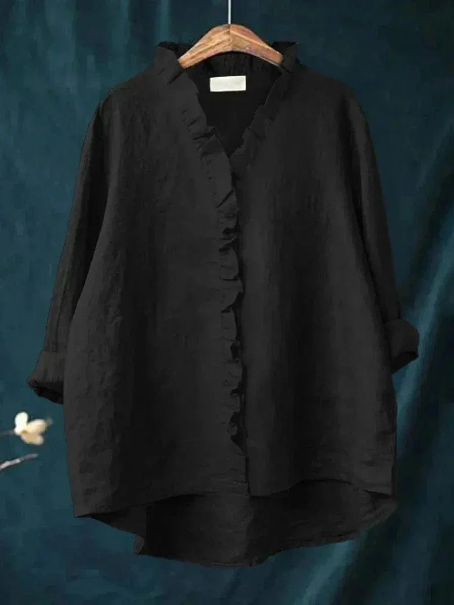 Leinen Rüschen Bluse Langarm Relaxed Fit Sommer - Black