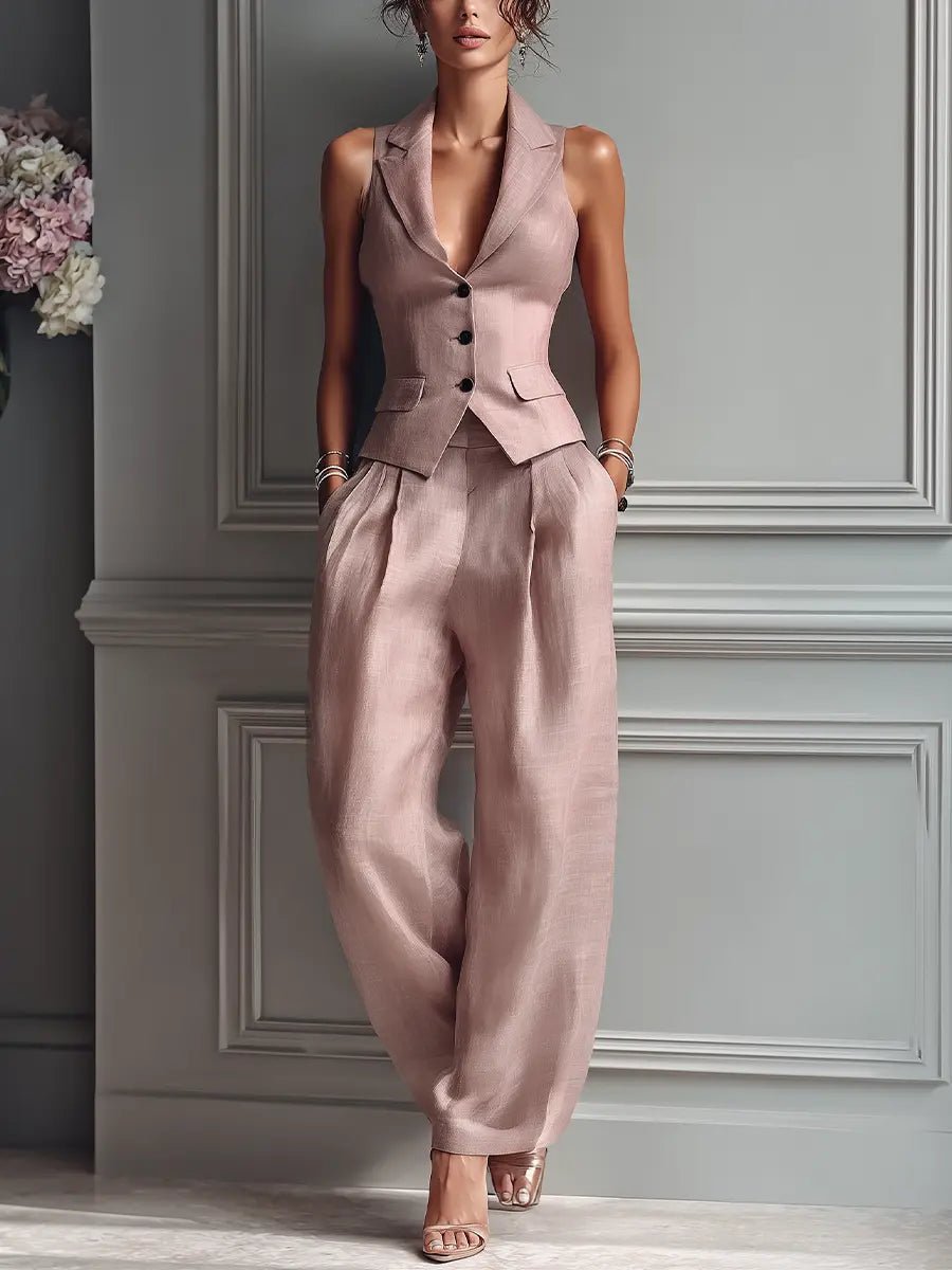 Leinen-Set Weste & Weite Hose Business Zweiteiler - Blush Pink