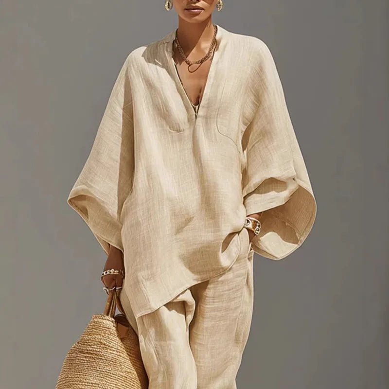 Linen Set Damen Fledermaus Top Tapered Hose V-Ausschnitt