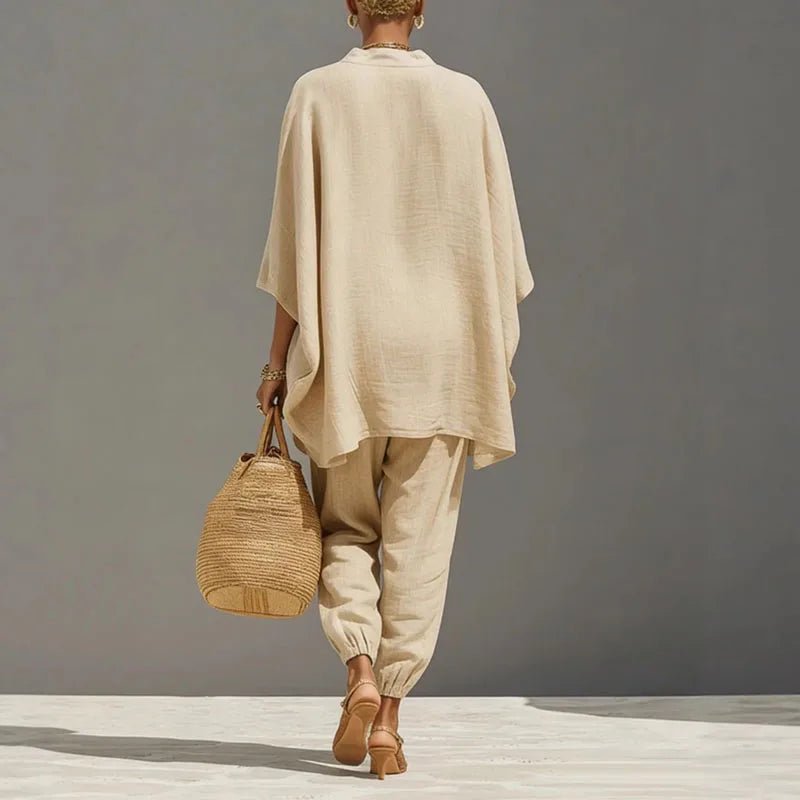 Linen Set Damen Fledermaus Top Tapered Hose V-Ausschnitt