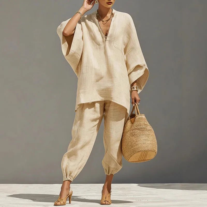 Linen Set Damen Fledermaus Top Tapered Hose V-Ausschnitt - Apricot