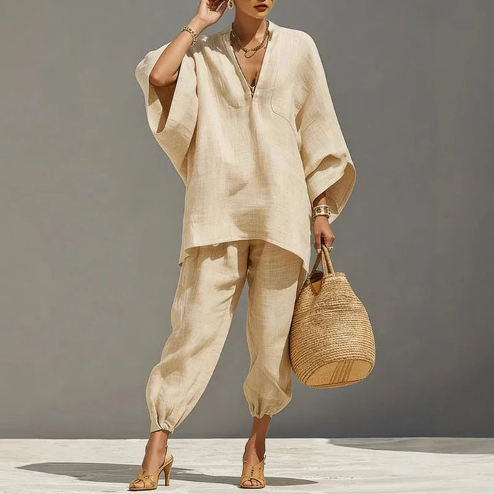 Linen Set Damen Fledermaus Top Tapered Hose V-Ausschnitt - Apricot