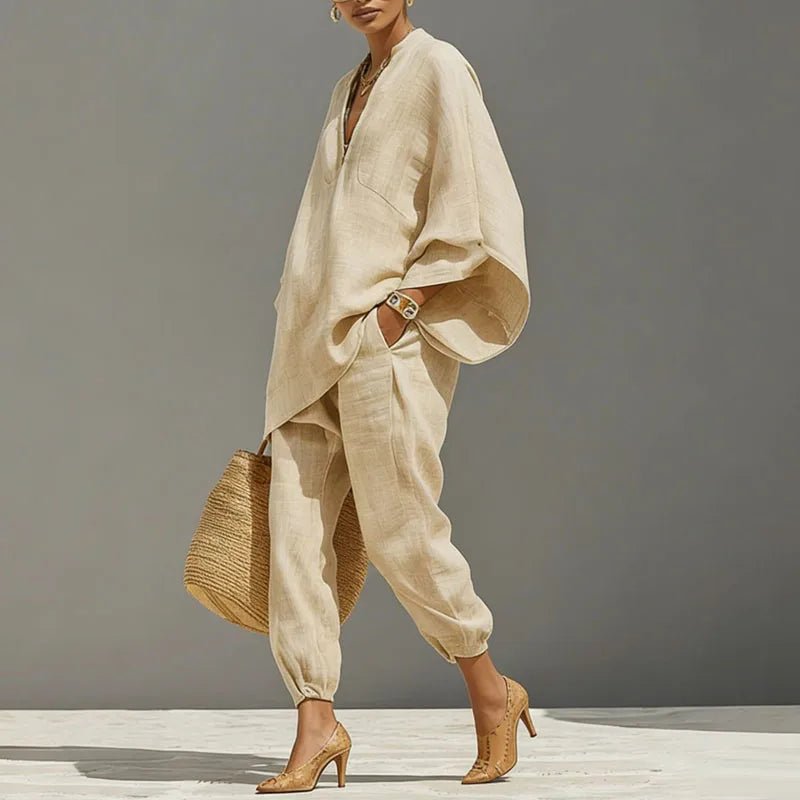 Linen Set Damen Fledermaus Top Tapered Hose V-Ausschnitt