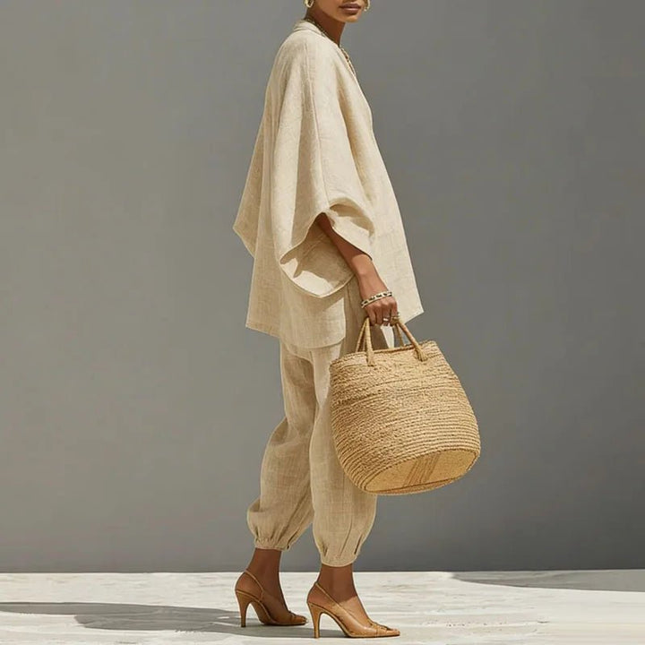Linen Set Damen Fledermaus Top Tapered Hose V-Ausschnitt