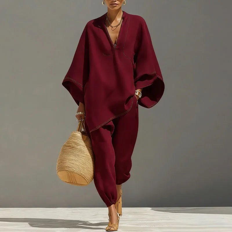 Linen Set Damen Fledermaus Top Tapered Hose V-Ausschnitt - Wine Red