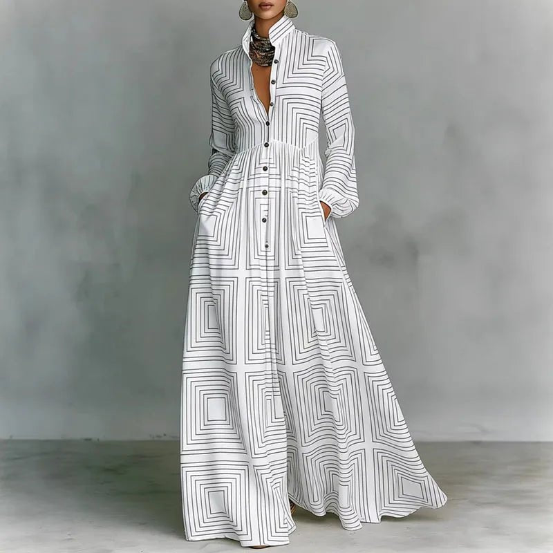 Maxi Hemdkleid Langarm Hemdkragen Knopfleiste - White