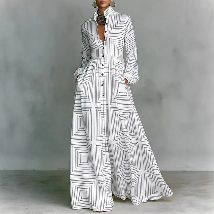 Maxi Hemdkleid Langarm Hemdkragen Knopfleiste - White