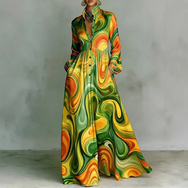Maxi Hemdkleid Langarm Hemdkragen Knopfleiste - Green