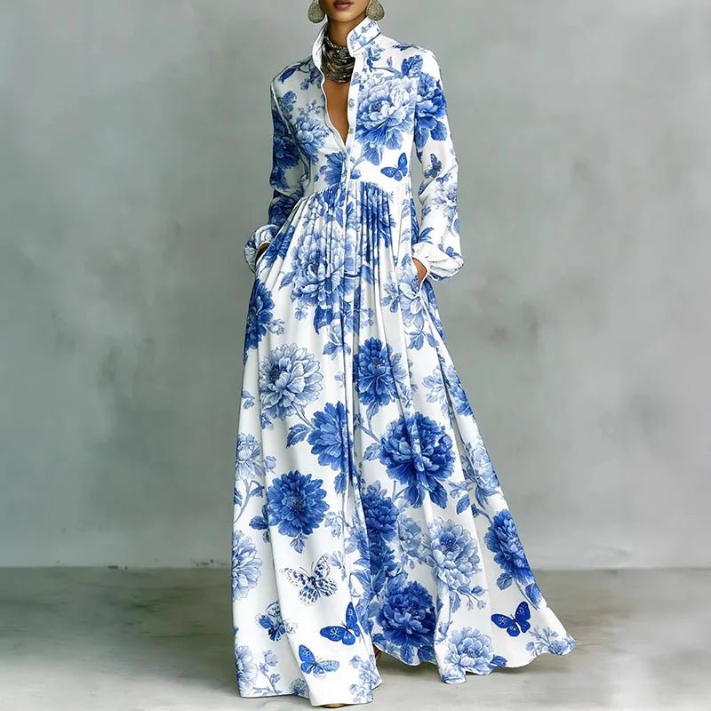 Maxi Hemdkleid Langarm Hemdkragen Knopfleiste - Blue