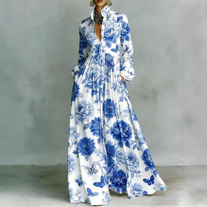 Maxi Hemdkleid Langarm Hemdkragen Knopfleiste - Blue