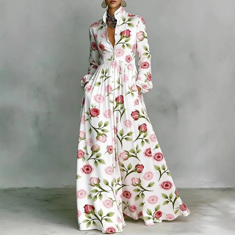 Maxi Hemdkleid Langarm Hemdkragen Knopfleiste - Rose Print