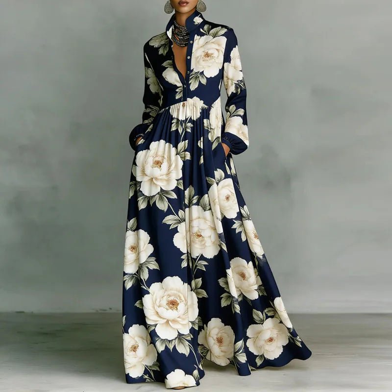 Maxi Hemdkleid Langarm Hemdkragen Knopfleiste - Navy Blue