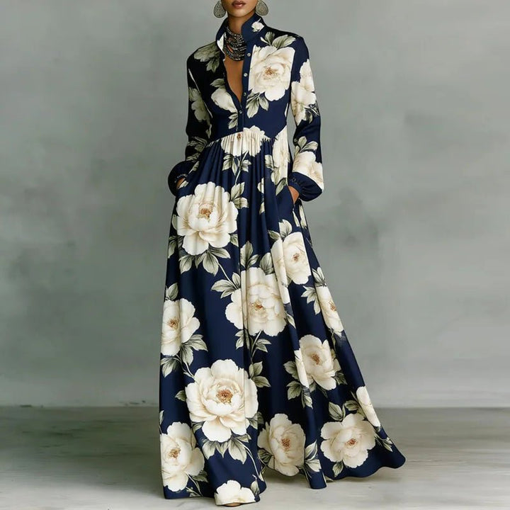 Maxi Hemdkleid Langarm Hemdkragen Knopfleiste - Navy Blue