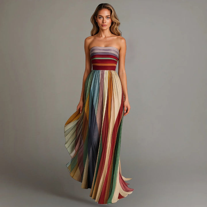 Maxi Kleid Chiffon Trägerlos Farbblock Plissiert Abendkleid