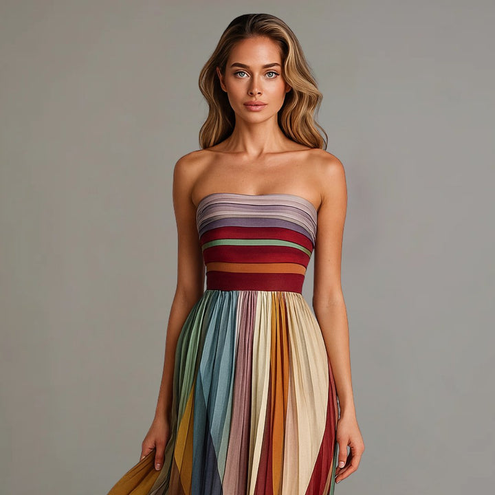 Maxi Kleid Chiffon Trägerlos Farbblock Plissiert Abendkleid