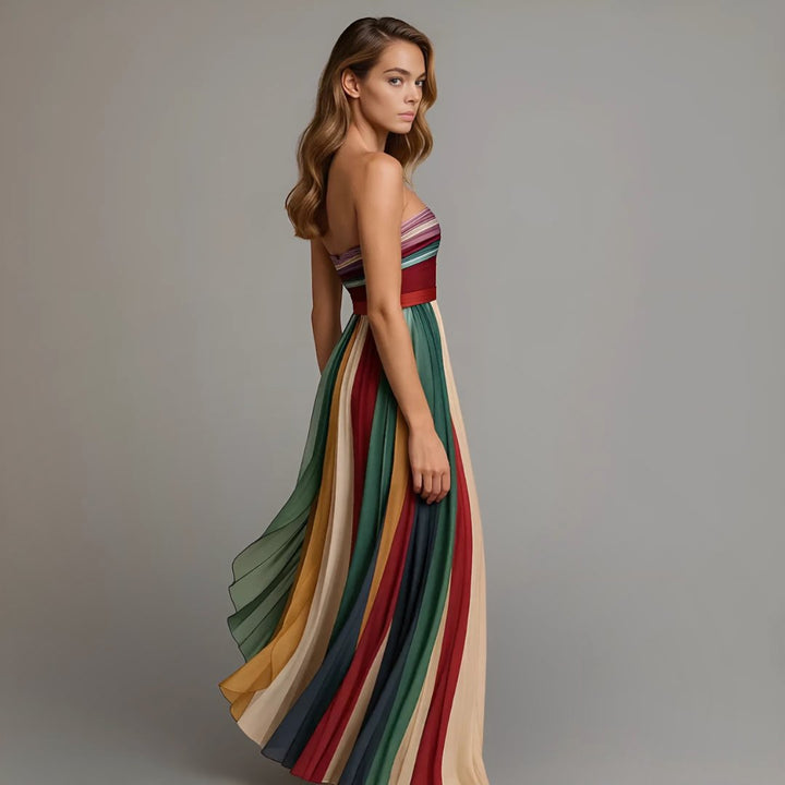 Maxi Kleid Chiffon Trägerlos Farbblock Plissiert Abendkleid
