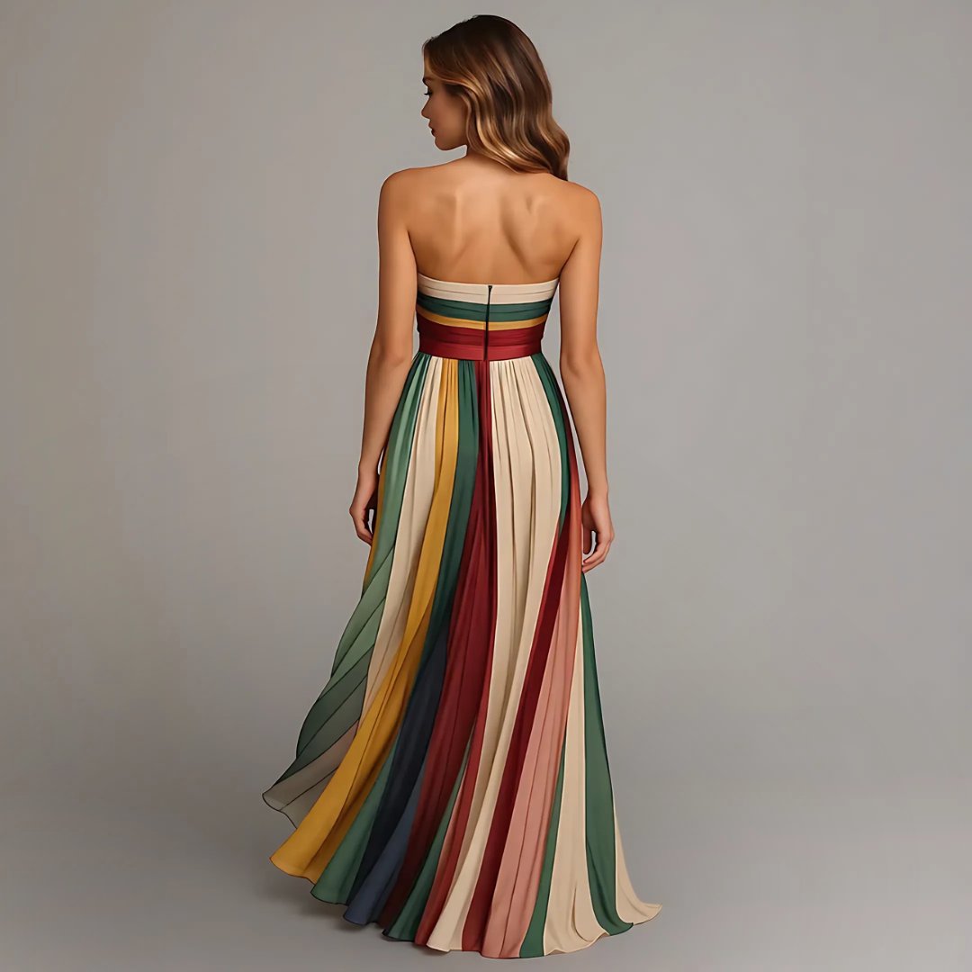 Maxi Kleid Chiffon Trägerlos Farbblock Plissiert Abendkleid