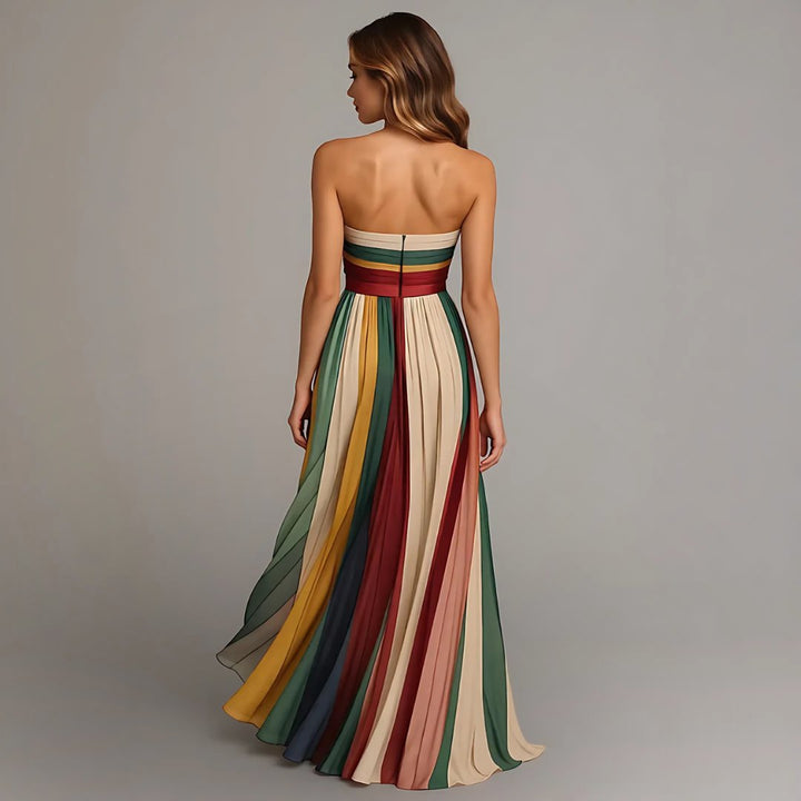 Maxi Kleid Chiffon Trägerlos Farbblock Plissiert Abendkleid