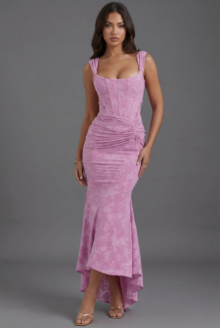 Maxi Kleid Korsett Gerafft Fishtail Blumenmuster - Pink (4 Left)
