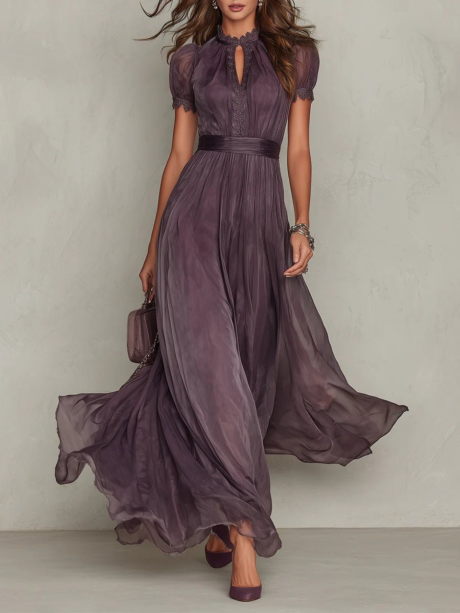 Maxi Kleid Kurze Puffärmel Schlüsselloch Ausschnitt - Purple