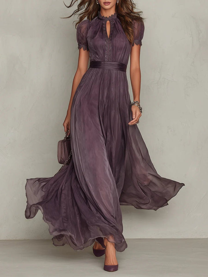 Maxi Kleid Kurze Puffärmel Schlüsselloch Ausschnitt - Purple