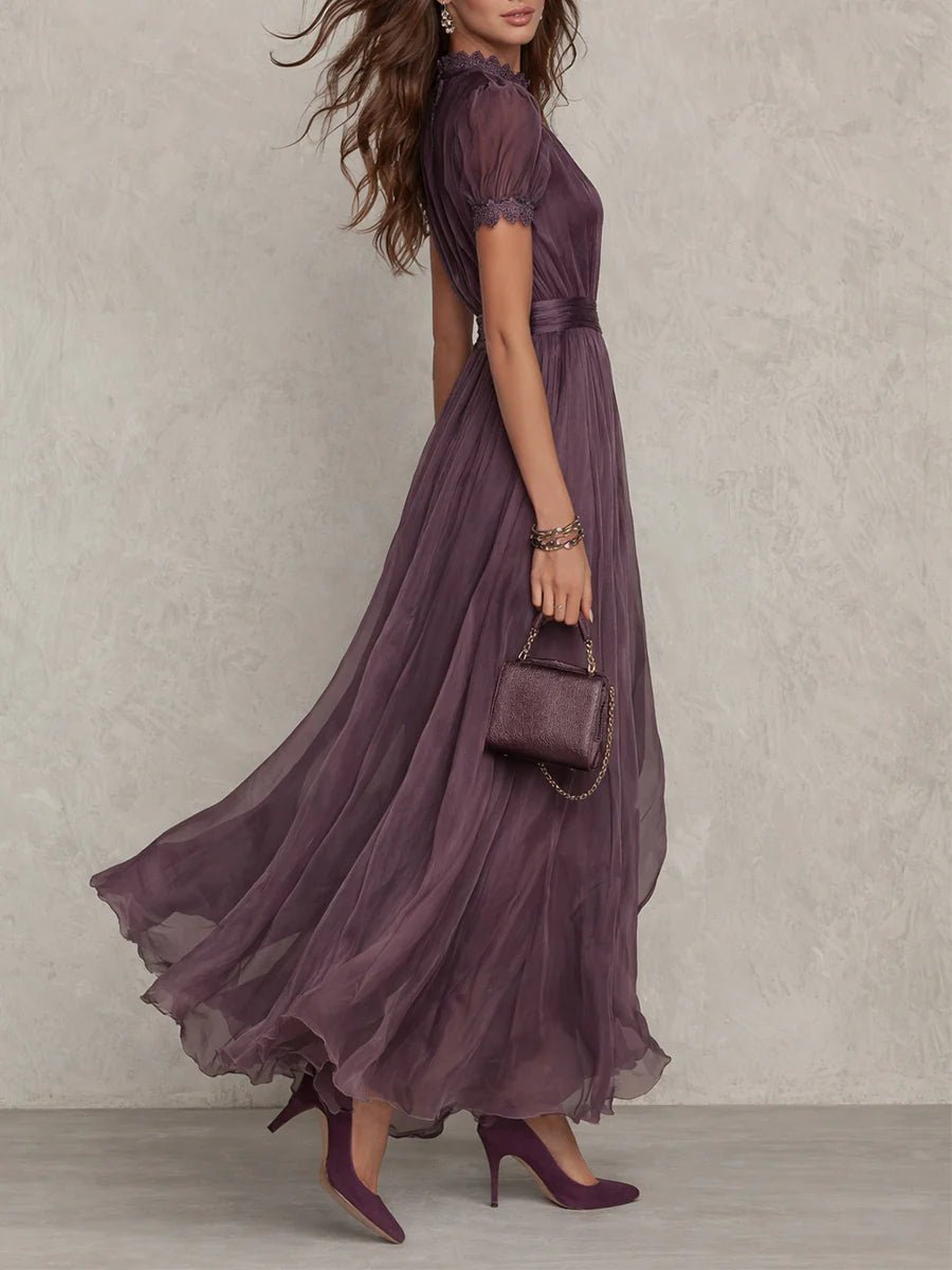 Maxi Kleid Kurze Puffärmel Schlüsselloch Ausschnitt