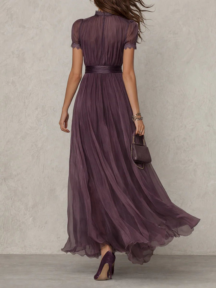 Maxi Kleid Kurze Puffärmel Schlüsselloch Ausschnitt