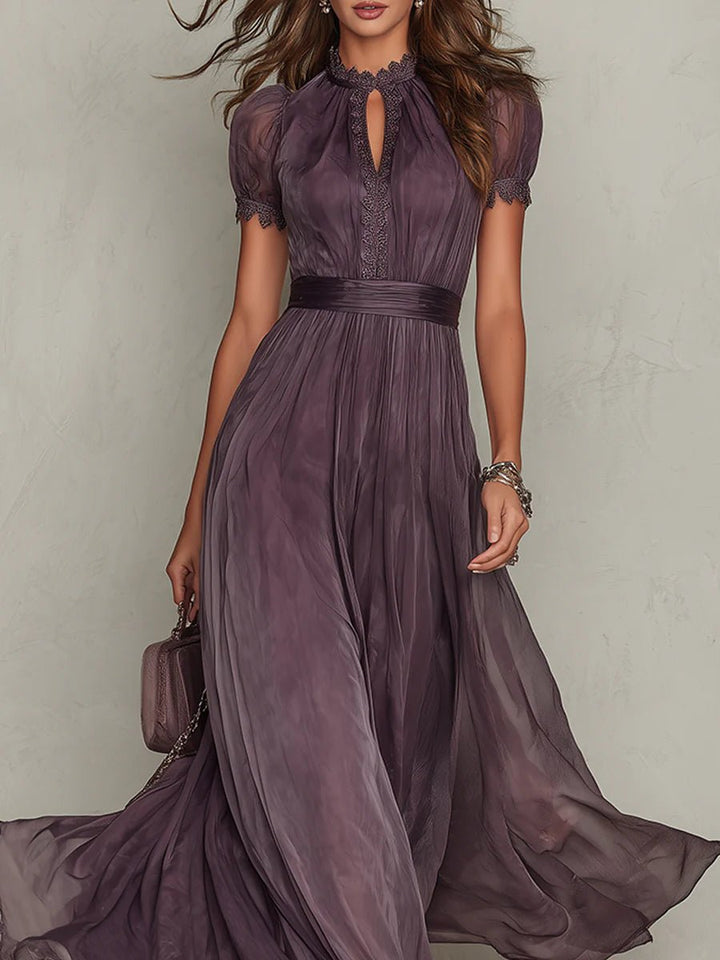Maxi Kleid Kurze Puffärmel Schlüsselloch Ausschnitt