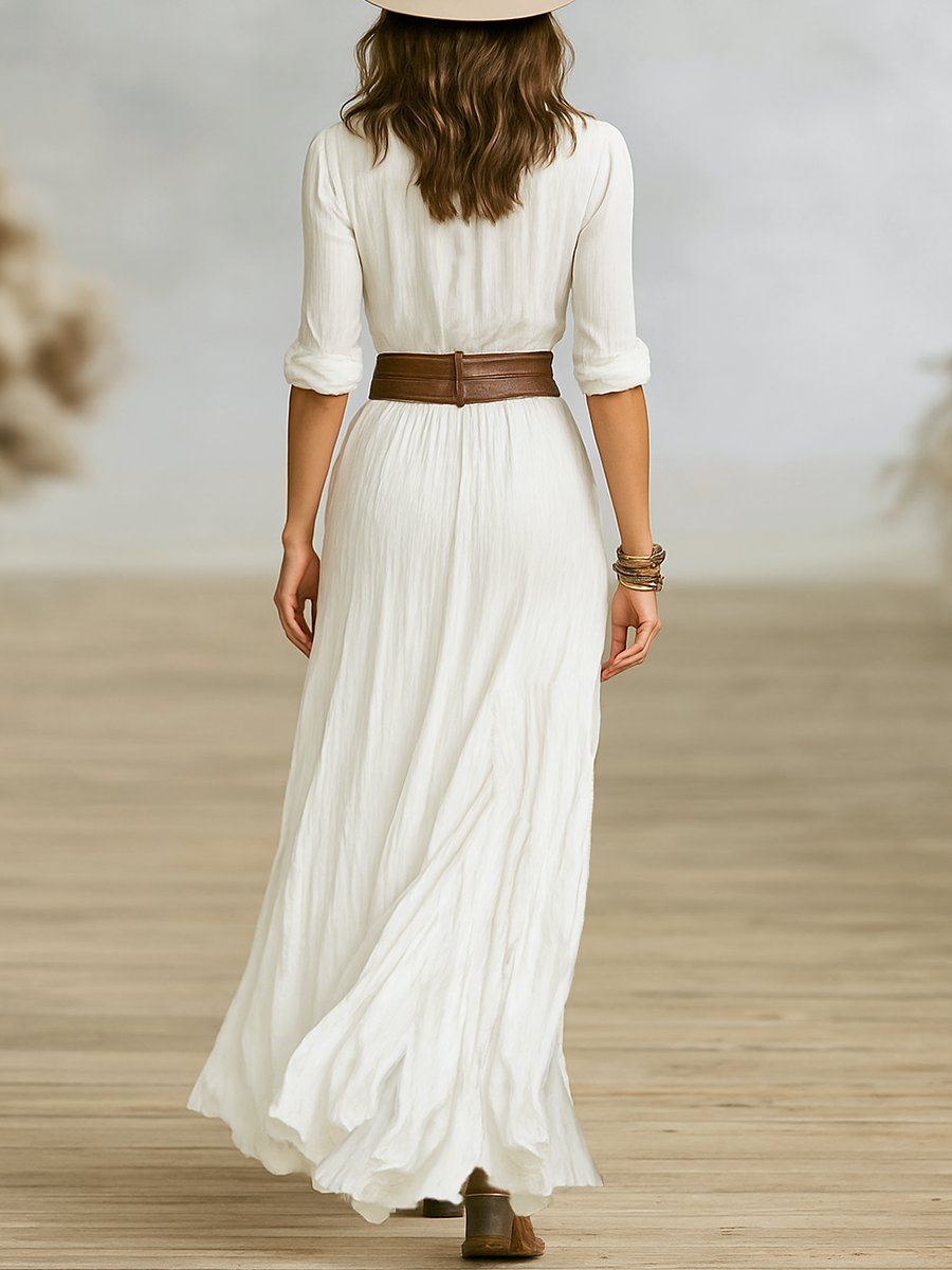 Maxi-Kleid mit Gürtel Baumwoll-Leinen V-Ausschnitt Plissiert