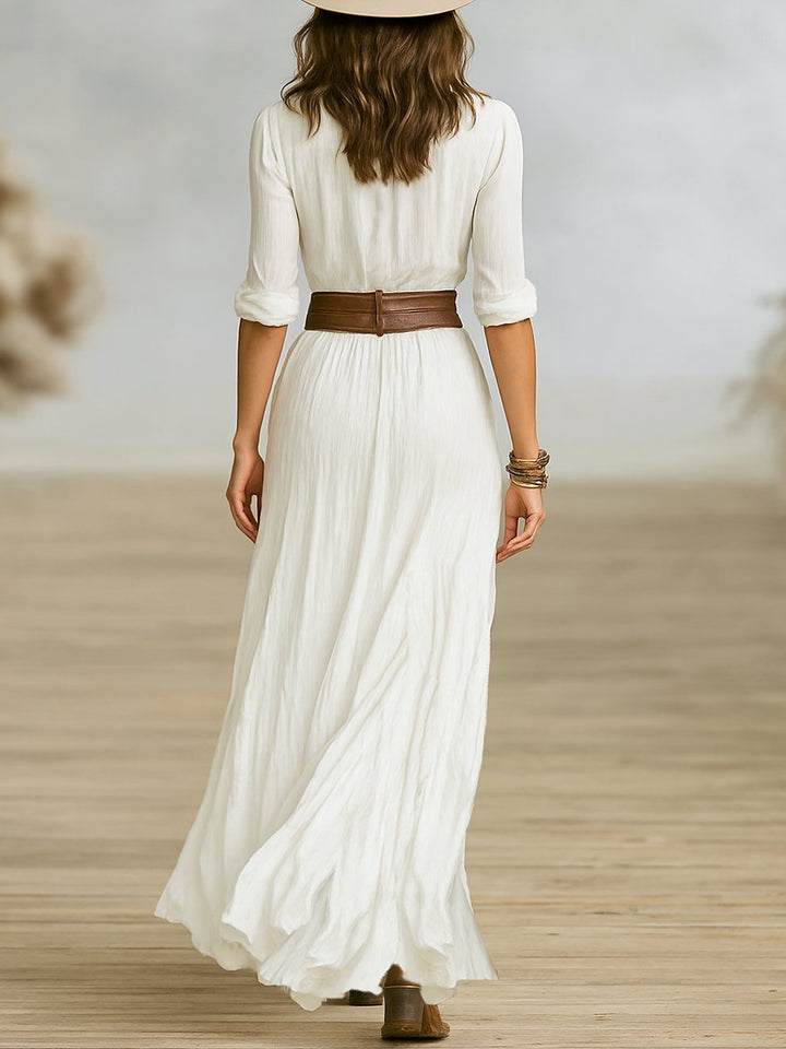 Maxi-Kleid mit Gürtel Baumwoll-Leinen V-Ausschnitt Plissiert