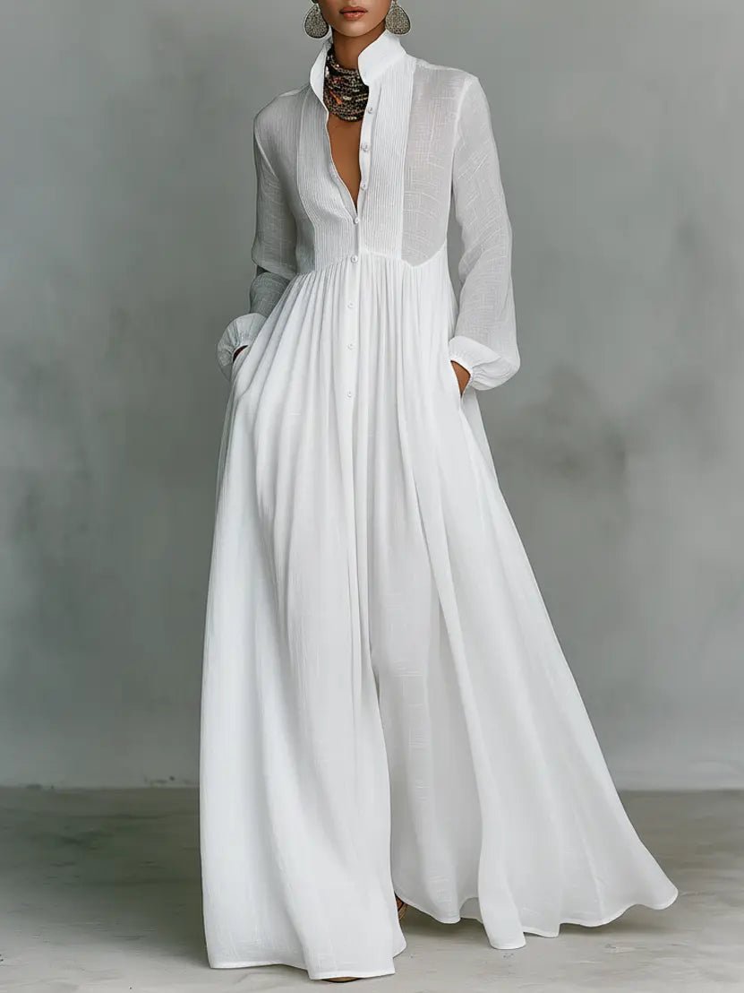 Maxi Kleid Patchwork Leinen Stehkragen Knopfverschluss - White