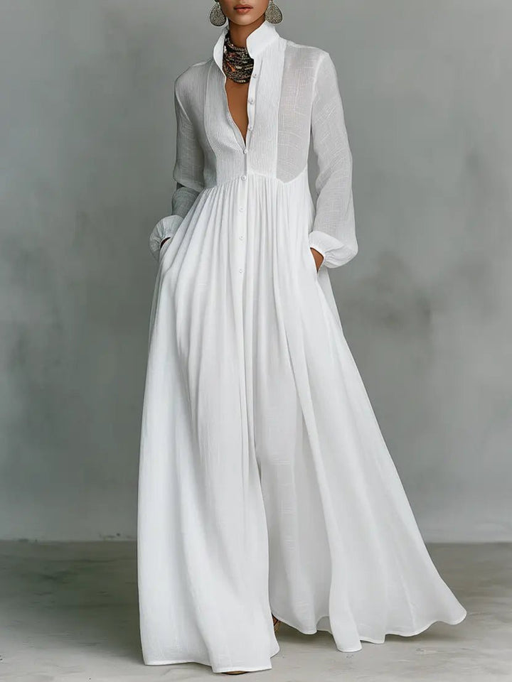 Maxi Kleid Patchwork Leinen Stehkragen Knopfverschluss - White