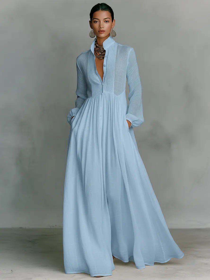 Maxi Kleid Patchwork Leinen Stehkragen Knopfverschluss - Blue