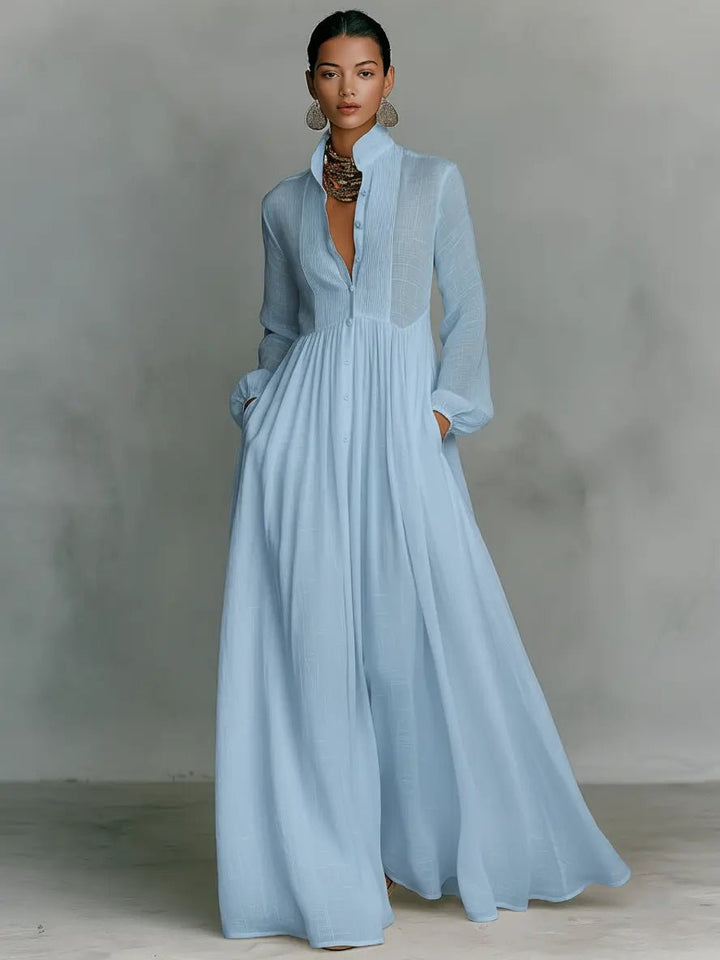 Maxi Kleid Patchwork Leinen Stehkragen Knopfverschluss - Blue