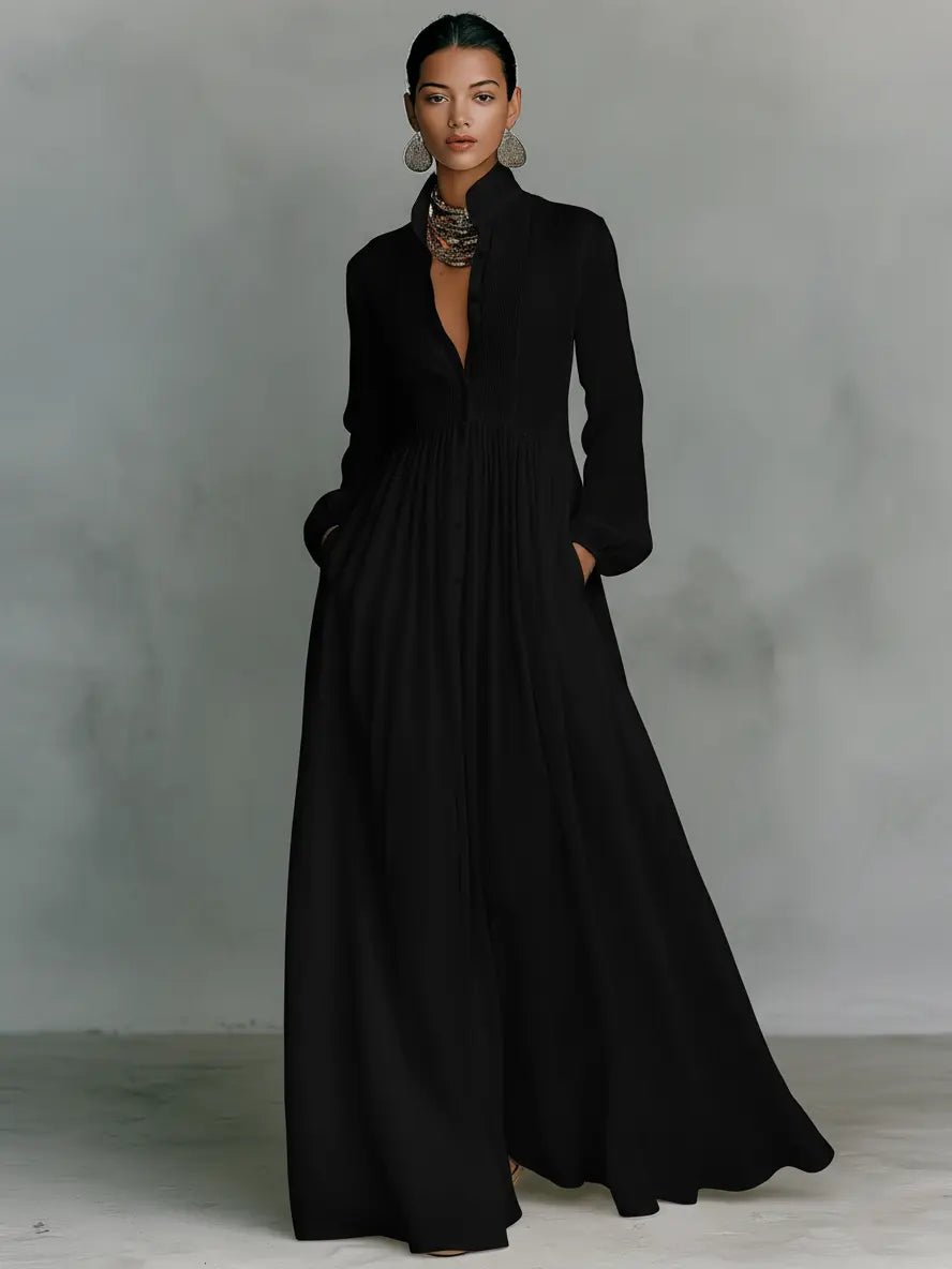 Maxi Kleid Patchwork Leinen Stehkragen Knopfverschluss - Black