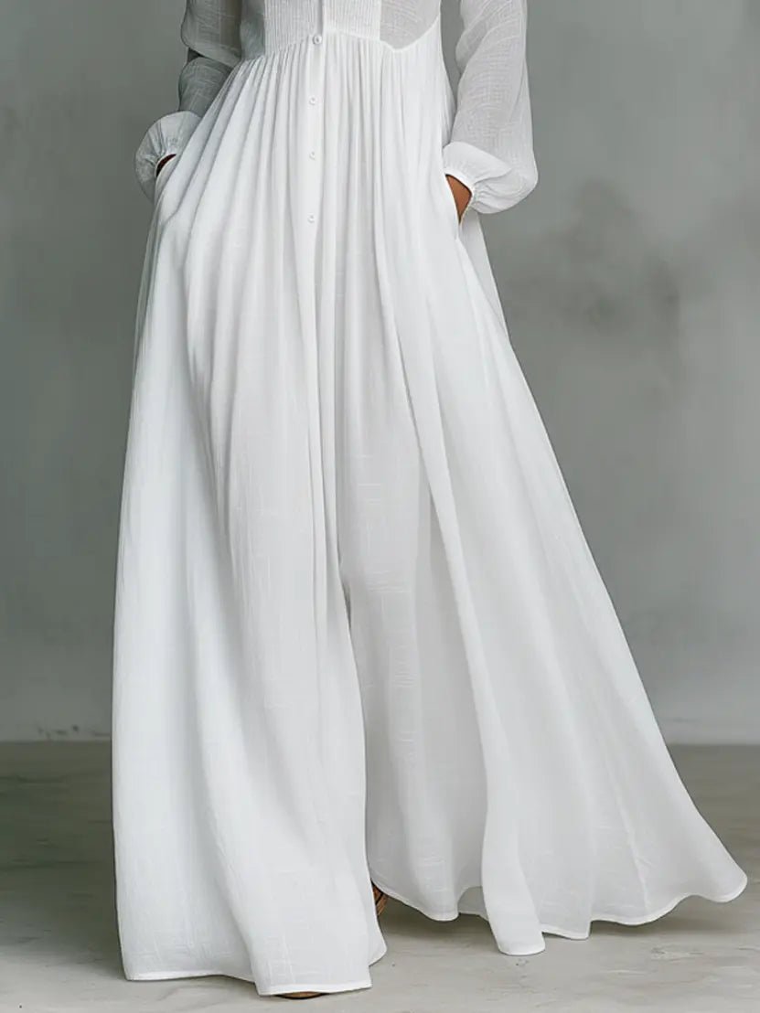 Maxi Kleid Patchwork Leinen Stehkragen Knopfverschluss