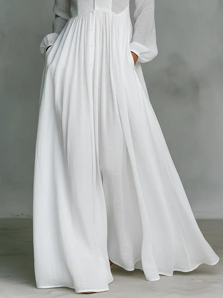 Maxi Kleid Patchwork Leinen Stehkragen Knopfverschluss