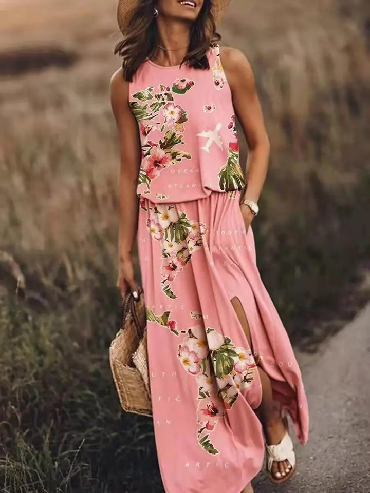 Maxi Kleid Ärmellos Elastische Taille Boho Sommer - Pink