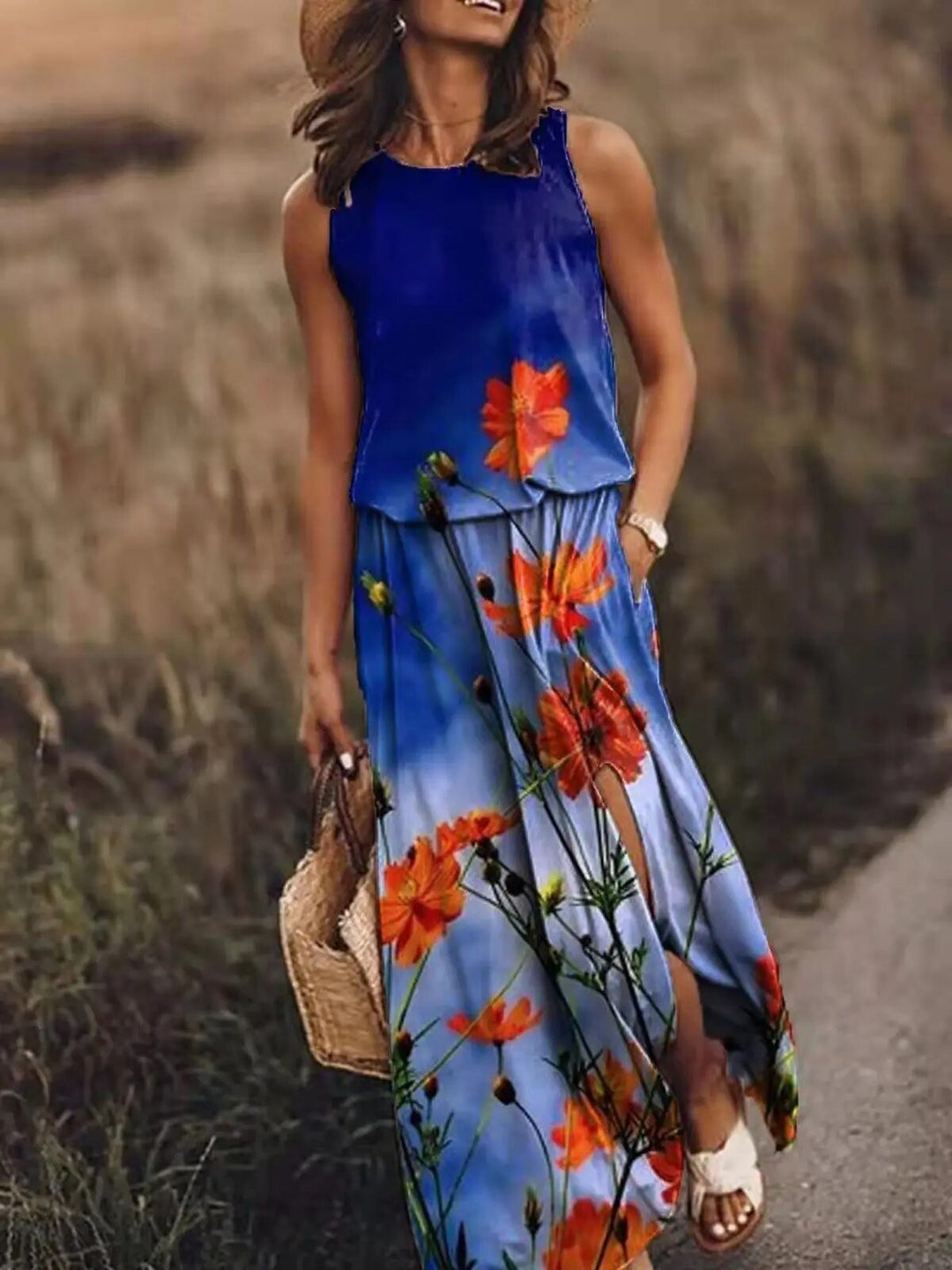 Maxi Kleid Ärmellos Elastische Taille Boho Sommer - Blue