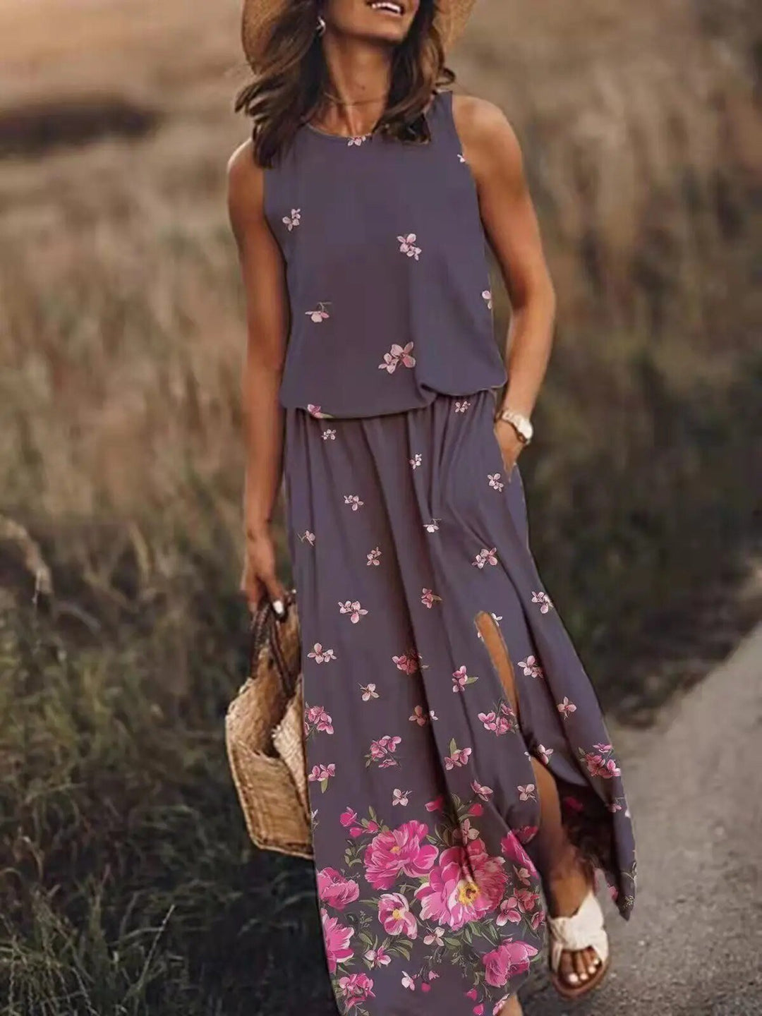 Maxi Kleid Ärmellos Elastische Taille Boho Sommer - Purple