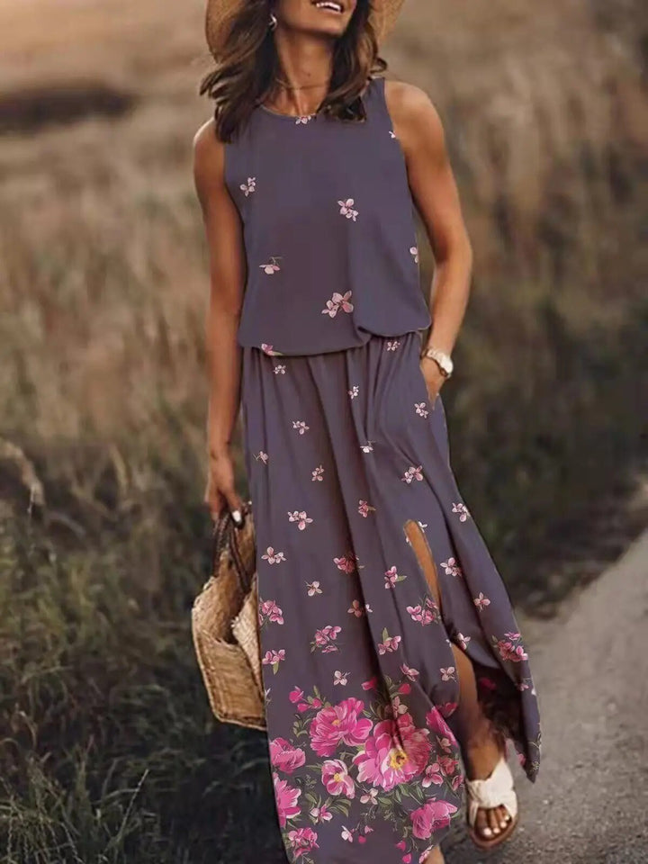 Maxi Kleid Ärmellos Elastische Taille Boho Sommer - Purple