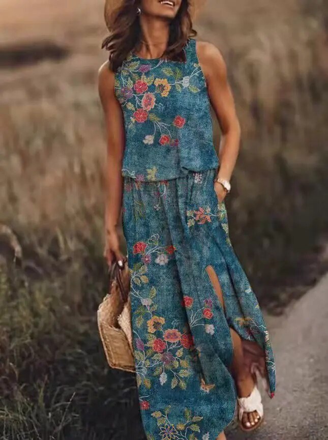 Maxi Kleid Ärmellos Elastische Taille Boho Sommer - Light Blue