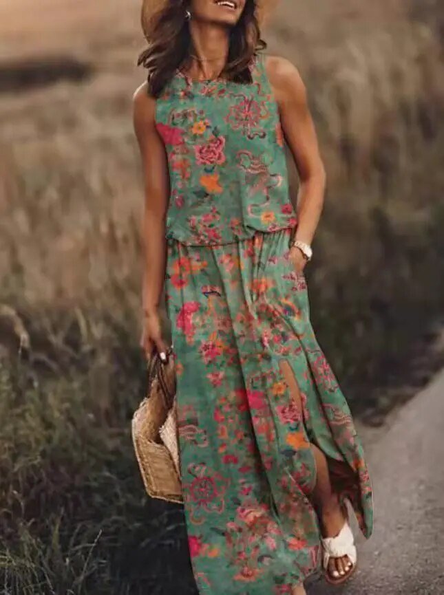 Maxi Kleid Ärmellos Elastische Taille Boho Sommer - Light Green