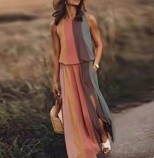 Maxi Kleid Ärmellos Elastische Taille Boho Sommer - Ombre
