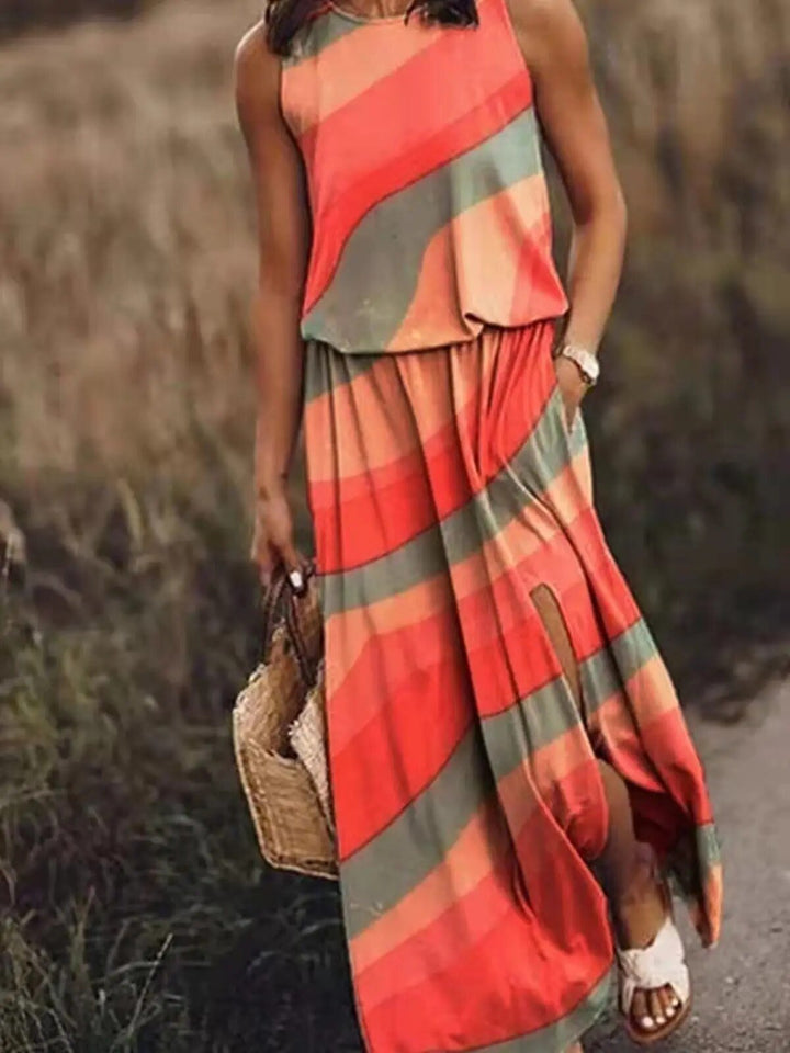 Maxi Kleid Ärmellos Elastische Taille Boho Sommer - Orange