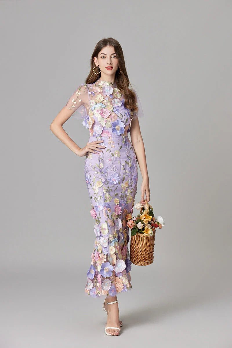 Maxi-Kleid ärmellos mit 3D-Blumen-Applikationen