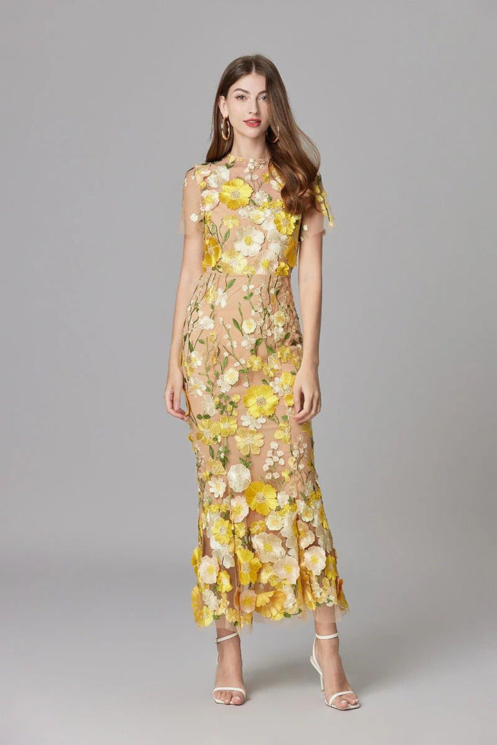 Maxi-Kleid ärmellos mit 3D-Blumen-Applikationen