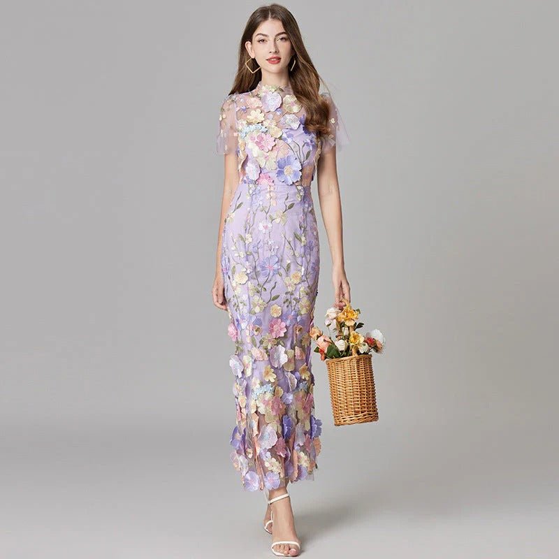 Maxi-Kleid ärmellos mit 3D-Blumen-Applikationen - Purple