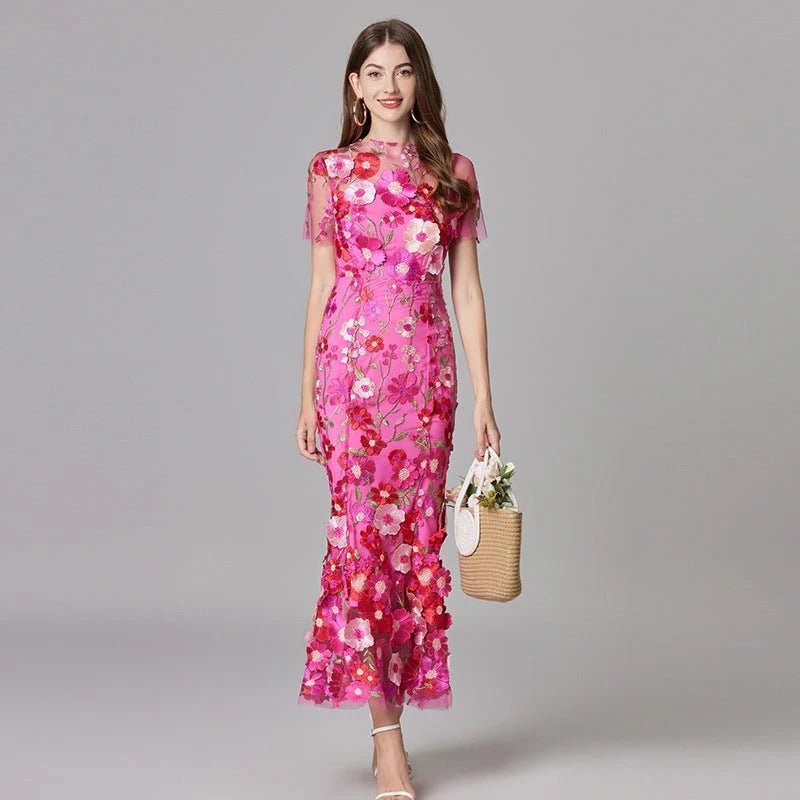 Maxi-Kleid ärmellos mit 3D-Blumen-Applikationen - Pink