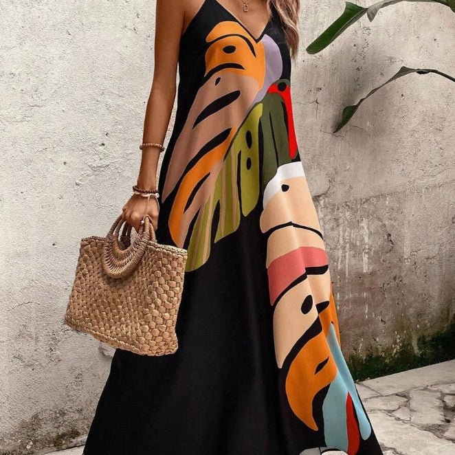Maxi Kleid Tropischer Blätterdruck Ärmellos - Multicolor